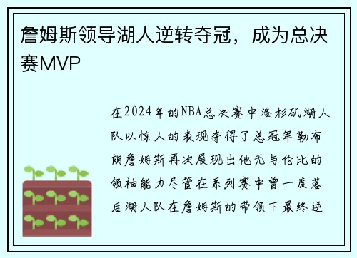 詹姆斯领导湖人逆转夺冠，成为总决赛MVP